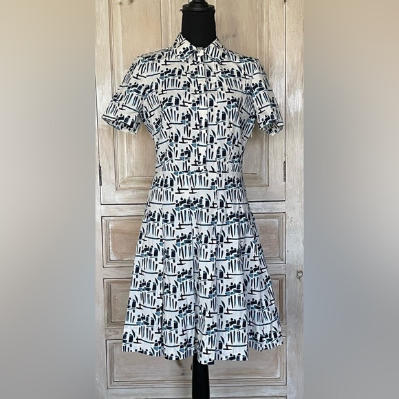 Tory Burch Figurine Stretch Poplin Shirt Dress Blue & White Print - Picture 2 of 9